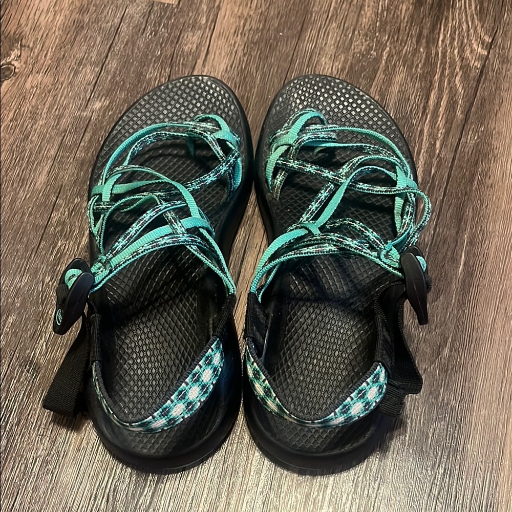 Chaco Green and Blue 3 Strap Sandals